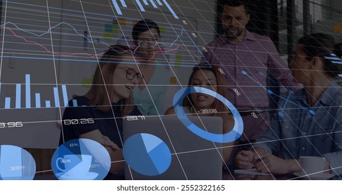 Image of financial data processing over diverse colleagues discussing work in office. Global business, finances, computing and digital interface concept digitally generated image.