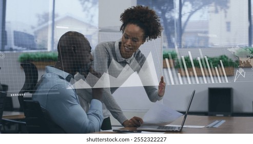 Image of financial data processing over diverse business people in office. Global finance, business, connections, computing and data processing concept digitally generated image.