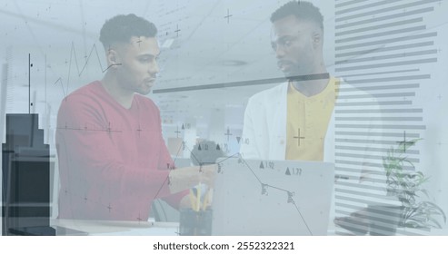 Image of financial data processing over diverse business people in office. Global finance, business, connections, computing and data processing concept digitally generated image.