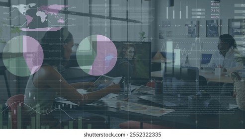 Image of financial data processing over diverse business people in office. Global finance, business, connections, computing and data processing concept digitally generated image.
