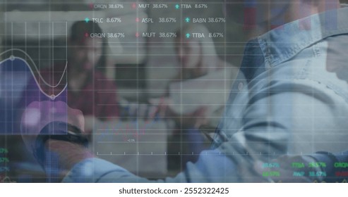 Image of financial data processing over caucasian businessman using smartwatch in office. Global finance, business, connections, computing and data processing concept digitally generated image. - Powered by Shutterstock