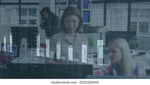 Image of financial data processing over diverse business people in office. Global finance, business, connections, computing and data processing concept digitally generated image.