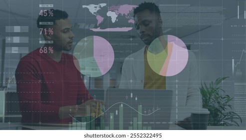 Image of financial data processing over diverse business people in office. Global finance, business, connections, computing and data processing concept digitally generated image.