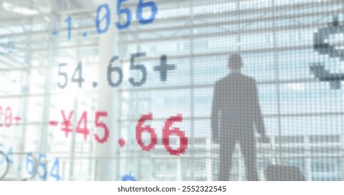 Image of financial data processing over businessman in office. Global finance, business, connections, computing and data processing concept digitally generated image.