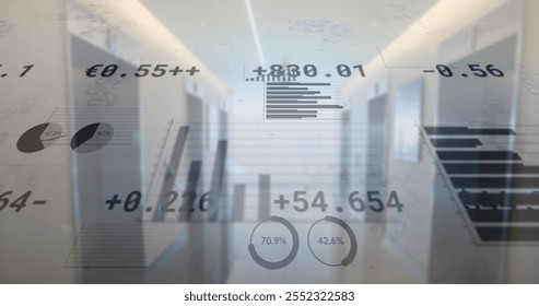 Image of financial data processing over office. Global finance, business, connections, computing and data processing concept digitally generated image.