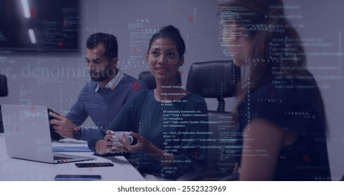 Image of financial data processing over diverse business people working together. Global finance, business, connections, computing and data processing concept digitally generated image.