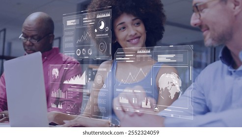 Image of financial data processing over diverse business people working together. Global finance, business, connections, computing and data processing concept digitally generated image. - Powered by Shutterstock - Get 15% off with code: PIKWIZARD15