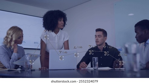 Image of financial data processing over diverse business people working together. Global finance, business, connections, computing and data processing concept digitally generated image.