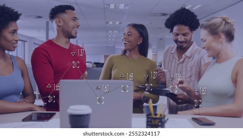 Image of financial data processing over diverse business people working together. Global finance, business, connections, computing and data processing concept digitally generated image.