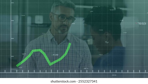 Image of financial data processing over diverse business people in office. Global finance, business, connections, computing and data processing concept digitally generated image.