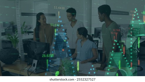 Image of financial data processing over diverse business people in office. Global finance, business, connections, computing and data processing concept digitally generated image.