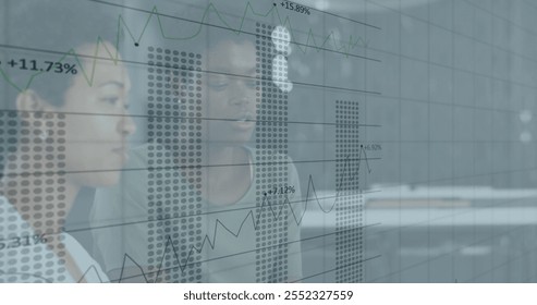 Image of financial data processing over diverse business people in office. Global finance, business, connections, computing and data processing concept digitally generated image.