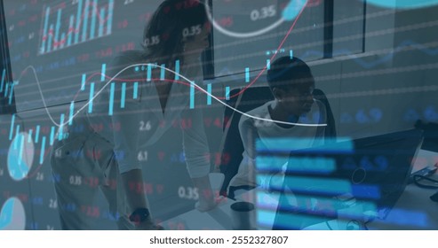 Image of financial data processing over diverse business people in office. Global finance, business, connections, computing and data processing concept digitally generated image.