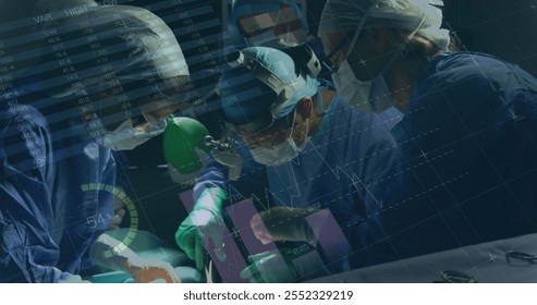 Image of financial data processing over diverse surgeons in hospital. Global medicine, healthcare, computing and digital interface concept digitally generated image. - Powered by Shutterstock