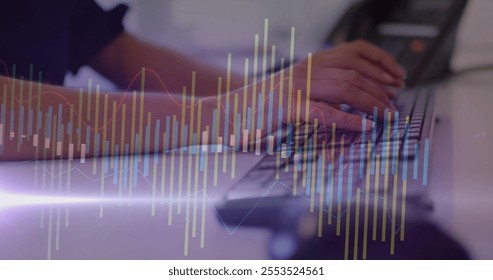 Image of financial data processing over caucasian woman using computer. Global finance, business, connections, computing and data processing concept digitally generated image.