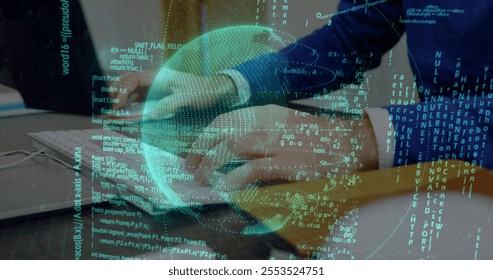 Image of financial data processing over caucasian man using computer. Global finance, business, connections, computing and data processing concept digitally generated image.