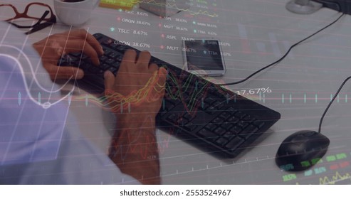 Image of financial data processing over caucasian man using computer. Global finance, business, connections, computing and data processing concept digitally generated image.