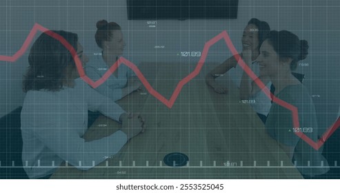 Image of financial data processing over diverse colleagues having meeting in office. Global business, finances and digital interface concept digitally generated image.