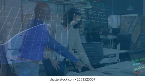 Image of financial data processing over diverse colleagues discussing work in office. Global business, finances and digital interface concept digitally generated image.