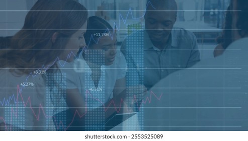 Image of financial data processing over diverse colleagues discussing work in office. Global business, finances and digital interface concept digitally generated image.