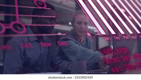 Image of financial data processing over diverse colleagues discussing work in office. Global business, finances and digital interface concept digitally generated image. - Powered by Shutterstock - Get 15% off with code: PIKWIZARD15