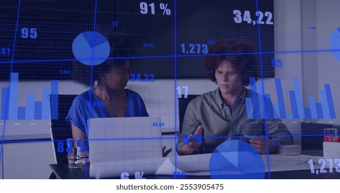 Image of financial data processing over diverse colleagues discussing work in office. Global business, finances and digital interface concept digitally generated image. - Powered by Shutterstock