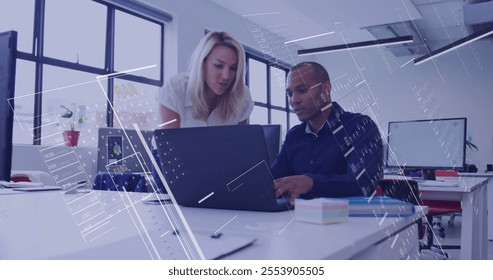 Image of financial data processing over diverse colleagues discussing work in office. Global business, finances and digital interface concept digitally generated image.