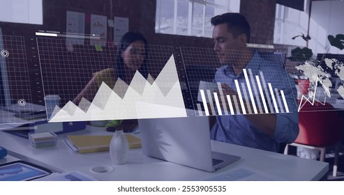 Image of financial data processing over diverse colleagues discussing work in office. Global business, finances and digital interface concept digitally generated image.