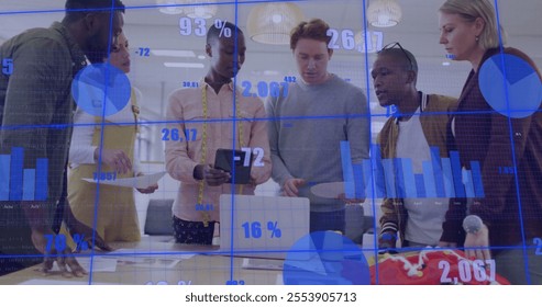 Image of financial data processing over diverse colleagues discussing work in office. Global business, finances and digital interface concept digitally generated image.