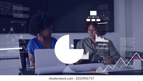 Image of financial data processing over diverse colleagues discussing work in office. Global business, finances and digital interface concept digitally generated image.