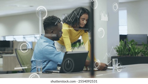Image of financial data processing over diverse business people in office. Global finance, business, connections, computing and data processing concept digitally generated image.