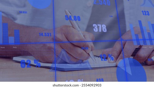 Image of financial data processing over hands of caucasian businessman taking notes in office. Global business, finances, computing and digital interface concept digitally generated image.