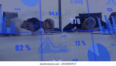 Image of financial data processing over diverse colleagues sleeping in office. Global business, finances, computing and digital interface concept digitally generated image. - Powered by Shutterstock