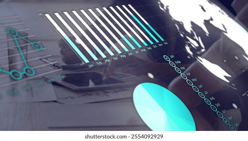 Image of financial data processing over diverse colleagues discussing work in office. Global business, finances, computing and digital interface concept digitally generated image.