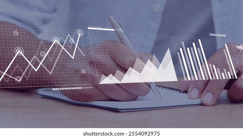 Image of financial data processing over hands of caucasian businessman taking notes in office. Global business, finances, computing and digital interface concept digitally generated image.