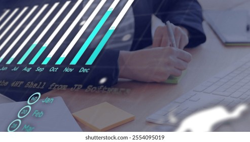 Image of financial data processing over caucasian businesswoman writing in office. Global finance, business, connections, computing and data processing concept digitally generated image.