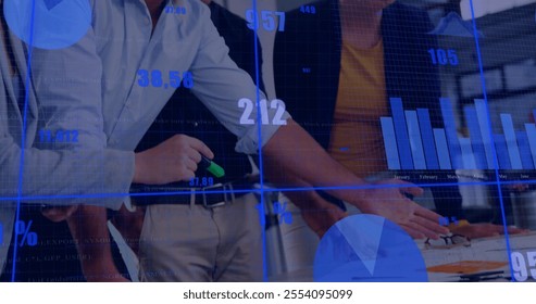 Image of financial data processing over diverse business people in office. Global finance, business, connections, computing and data processing concept digitally generated image.
