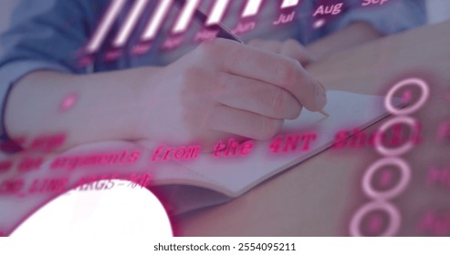 Image of financial data processing over caucasian boy writing. Global finance, business, connections, computing and data processing concept digitally generated image.