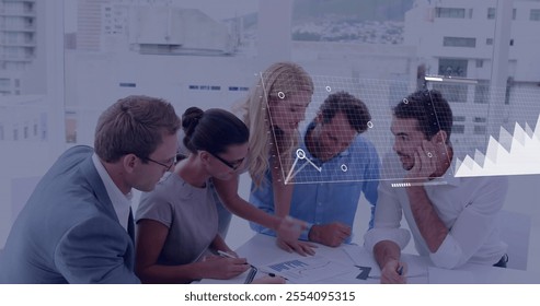Image of financial data processing over diverse business people in office. Global finance, business, connections, computing and data processing concept digitally generated image.