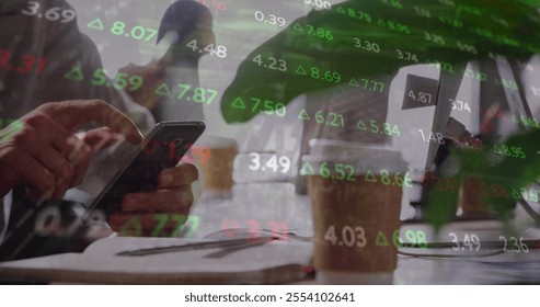 Image of financial data processing over caucasian businessman using smartphone. Global finance, business, connections, computing and data processing concept digitally generated image.