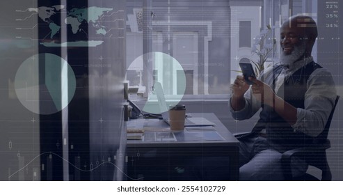Image of financial data processing over african american businessman using smartphone. Global finance, business, connections, computing and data processing concept digitally generated image.
