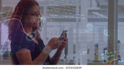 Image of financial data processing over caucasian businesswoman using smartphone. Global finance, business, connections, computing and data processing concept digitally generated image. - Powered by Shutterstock