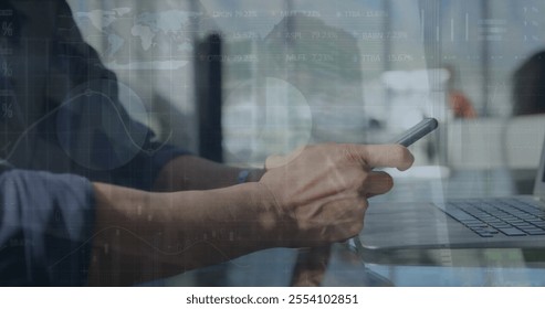 Image of financial data processing over caucasian businessman using smartphone. Global finance, business, connections, computing and data processing concept digitally generated image.