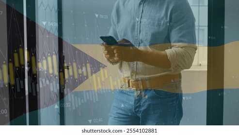 Image of financial data processing over caucasian businessman using smartphone. Global finance, business, connections, computing and data processing concept digitally generated image.