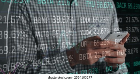 Image of financial data processing over caucasian businessman using smartphone. Global finance, business, connections, computing and data processing concept digitally generated image.