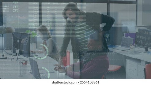 Image of financial data processing over diverse business people in office. Global finance, business, connections, computing and data processing concept digitally generated image.