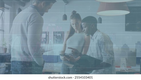Image of financial data processing over diverse business people in office. Global finance, business, connections, computing and data processing concept digitally generated image.