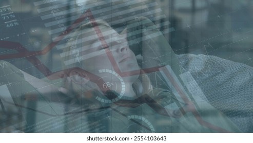 Image of financial data processing over caucasian woman resting. Global finance, business, connections, computing and data processing concept digitally generated image.