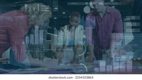 Image of financial data processing over diverse business people in office. Global finance, business, connections, computing and data processing concept digitally generated image.