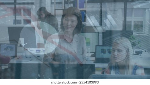 Image of financial data processing over diverse business people in office. Global finance, business, connections, computing and data processing concept digitally generated image. - Powered by Shutterstock - Get 15% off with code: PIKWIZARD15